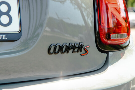 June 24, 2021, Seoul, South Korea - Close-up of the "COOPER S" emblem and taillight on a grey Mini Cooper S