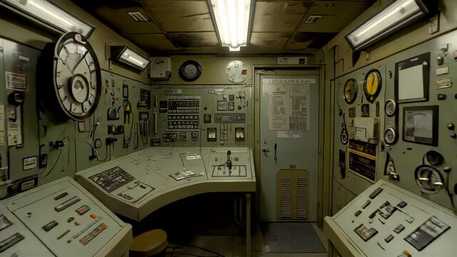 Vintage submarine control room interior with instrument panels gauges clocks maps and consoles
