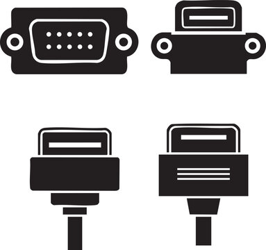Various computer ports depicted in black silhouettes on a white background, including VGA, parallel, and others, showcasing different connector types and designs
