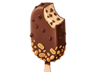Bitten Chocolate Peanut Crunch Ice Cream Bar with Creamy Center On White Background