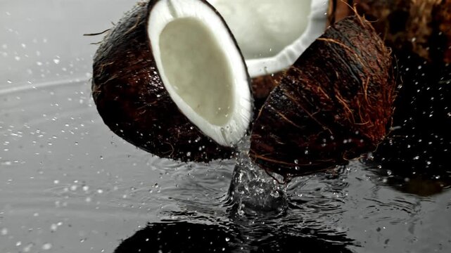 Super slow motion fresh topical coconuts . Filmed on a high-speed camera at 1000 fps. High quality FullHD footage