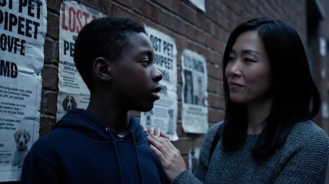 Boy standing sadly as a woman comforts him about missing pets