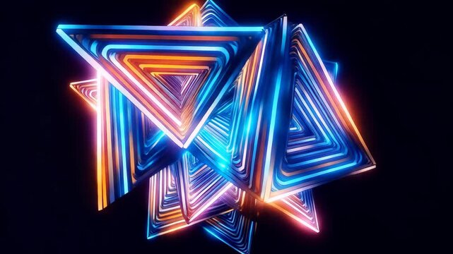 Futuristic triangular glowing geometric shape rotates in dark space with dynamic neon lighting and light rays