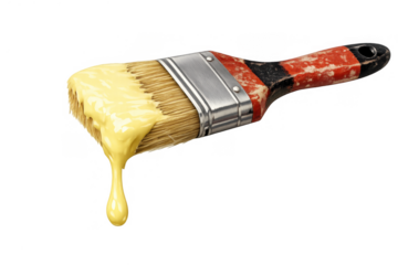 Paint brush with yellow paint dripping, representing home renovation, diy projects and creative art