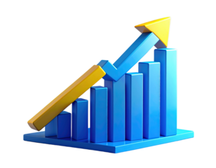 3D blue and yellow icon of an upward arrow on a bar graph, isolated on a transparent