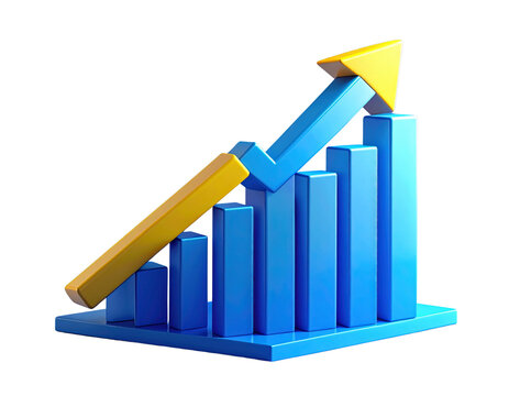 3D blue and yellow icon of an upward arrow on a bar graph, isolated on a transparent - Powered by Adobe