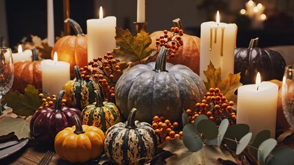 Autumn Harvest Table Arrangement With Pumpkins and Candles - Powered by Adobe