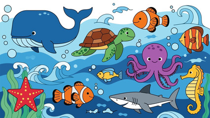 Naklejka premium Colorful Cartoon Ocean Creatures Underwater Scene.