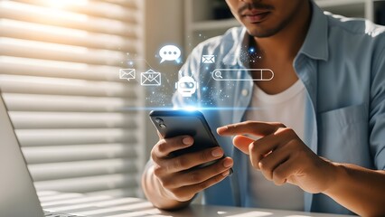Man using smartphone near laptop with holographic icons for communication and connectivity