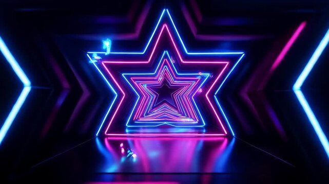 Abstract neon star tunnel animation with blue and pink glowing lines moving through dark digital space background