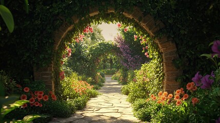 Stone archway covered in lush greenery leads down a garden path.