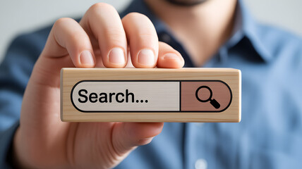 Data search technology search engine optimization concept, data search on website online. Person holding wooden block with search bar.