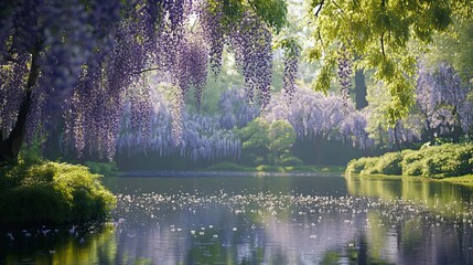 Lush wisteria blooms cascade over a tranquil pond in a vibrant garden.