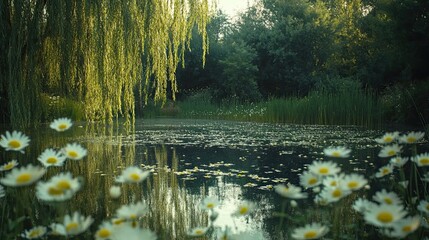 Tranquil pond with wildflowers and weeping willow trees on a sunny day.