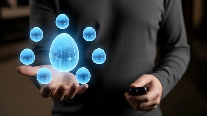 A person holding glowing blue digital orbs in their hand