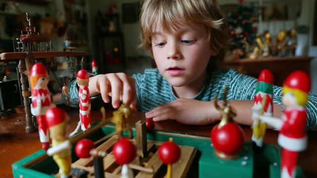 A Young Boy Engaged in Play with Colorful Wooden Figurines and Toys, Capturing the Joy of Childhood Exploration and Imagination in a Cozy Festive Setting