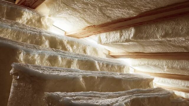 Scene capturing the detailed layering of fiberglass batts in a ceiling cavity focusing on improving insulation performance in residential construction