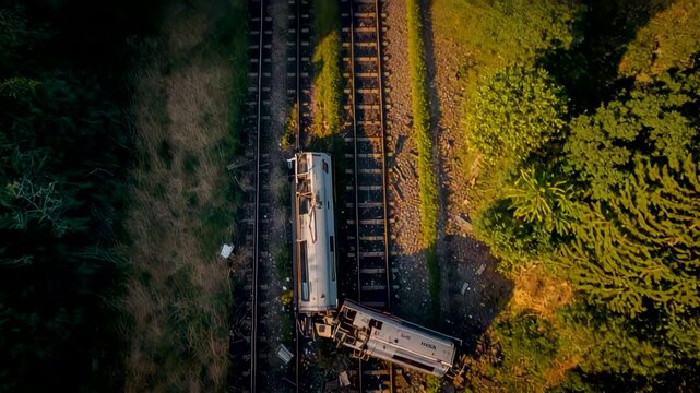 Aerial view derailed freight train carriage overturned on railway tracks surrounded by lush green forest vegetation in golden sunlight