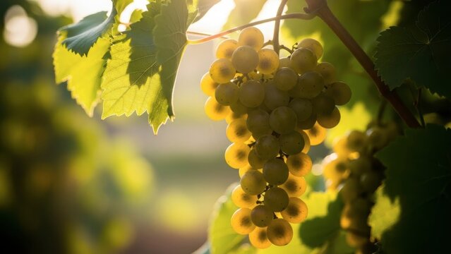 Sunlit cluster of grapes on vine - Powered by Adobe