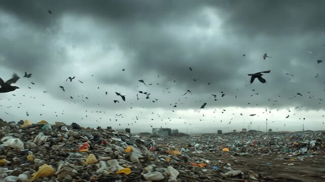 Flock of dark birds circles chaotically above landfill under dramatic cloudy sky, evoking somber mood with scattered garbage, plastic waste, and pollution, highlighting environmental impact