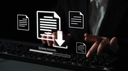 Visual representation of digital document downloading, showing file transfer, data access, and progress status for secure and efficient information retrieval Marrow - Powered by Adobe