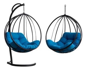 A hanging chair with black metal frame and blue cushion, in two different angles, tra