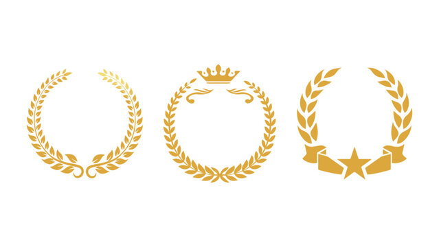 Golden Laurel Wreath Set with Crown and Star Award Emblem Designs