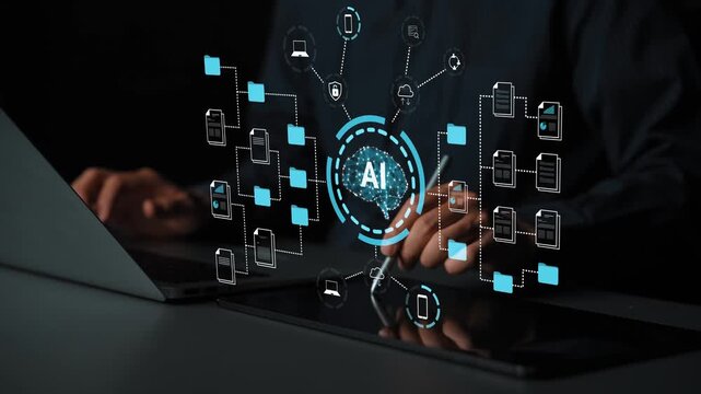 Advanced AI Technology Demonstration with Digital Graphics Showcasing Data Flow and Processing in a Modern Business Environment Gluon.