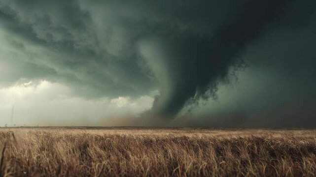 Massive tornado vortex rotates violently across rural farmland as dark storm clouds swirl above golden field, dramatic nature disaster with intense wind, swirling debris, grass, sky, and powerful