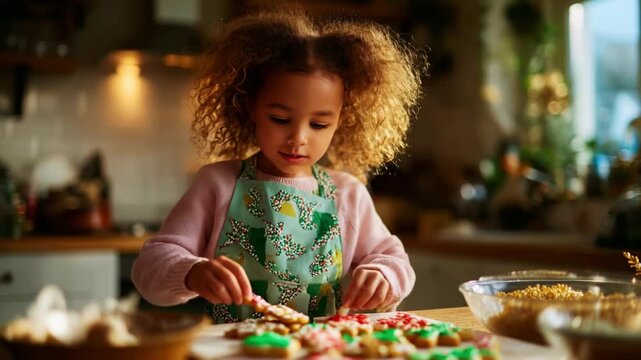 A joyful child meticulously decorating colorful holiday cookies in a cozy kitchen, showcasing creativity and happiness in a festive atmosphere filled with warmth and cheer.