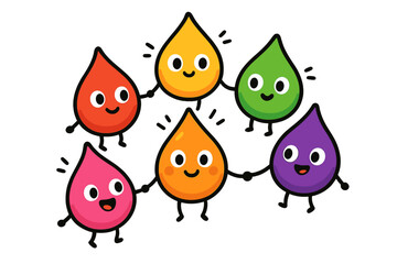 Colorful drops hold hands and smile in a playful composition with cheerful expressions