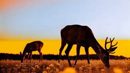 Two deer graze in a field of yellow wildflowers under a sunset sky.