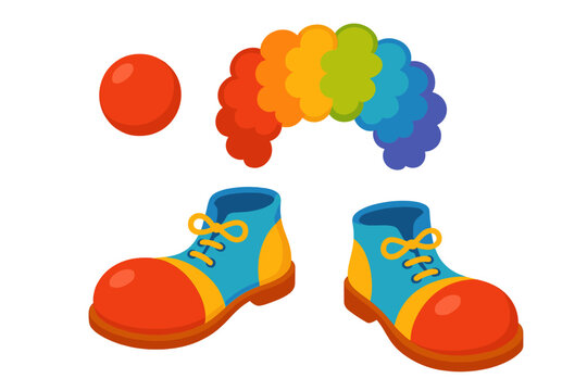 Bright clown shoes and colorful accessories on a white background for fun and playful activities