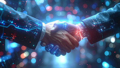 Digital Partnership: A symbolic handshake of two hands intertwines, with digital circuitry illuminating the moment, representing a technological collaboration and business partnership.