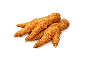 Two breaded and deep fried chicken feet, a popular golden brown snack and appetizer. Transparent background