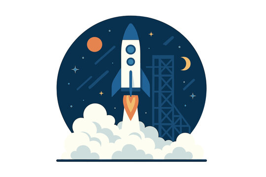 Rocket launches from a launch pad at night with stars and planets visible in the sky