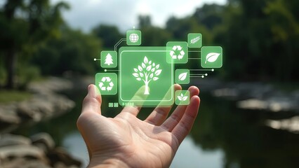 Hand supporting green eco-friendly digital interface