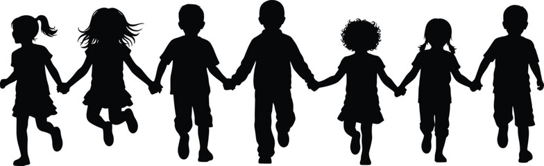 Happy children silhouettes holding hands and jumping together, friendship unity childhood concept isolated on white background illustration
