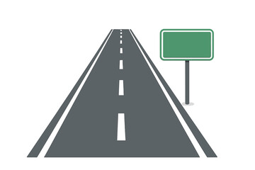 Road stretches ahead with a blank sign on the side indicating direction or location