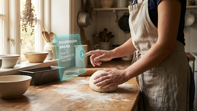 Flour-dusted hands knead dough on a rustic kitchen counter as a glowing holographic recipe card floats nearby, blending home cooking with modern digital technology. - Powered by Adobe