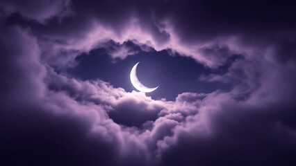 Mystical crescent moon glowing through dreamy purple clouds at night
