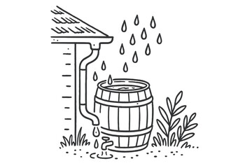 Water collects in a barrel from a roof, showing a rainy day scene in a garden setting