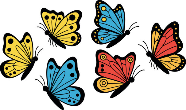 A colorful group of butterflies with yellow blue and red wings on transparent background