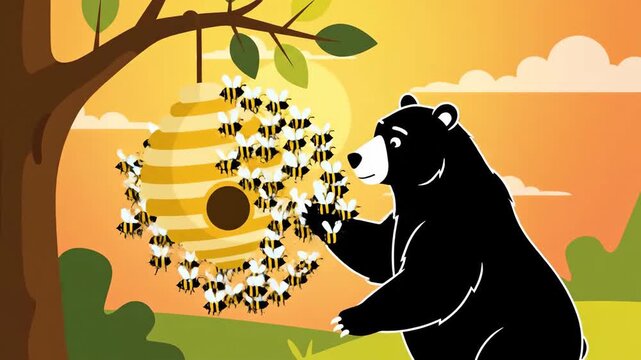 Animated Bear Reaching For A Beehive Hanging From A Tree Branch In Cartoon Style