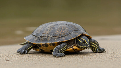Obraz premium A small turtle with a dark green and yellow shell crawls on a sandy surface with a blurred green background with crawling turtle and reptile