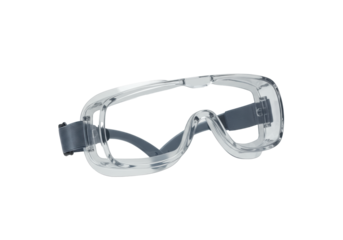 ultra-detailed still life of glossy polycarbonate safety goggles with smokey-blue frames, isolated on a pristine, shadowless high-key white studio background with copy space. concept of essential