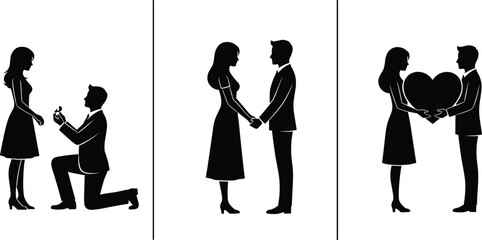 Romantic couple silhouettes proposal love story sequence, engagement relationship and affection concept isolated on white background illustration