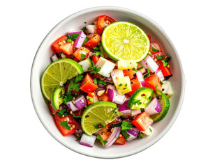 Overhead shot of a colorful fresh chopped salad in a white bowl with lime garnishes
