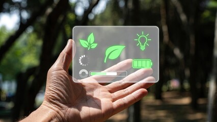 Hand displaying eco-friendly technology interface