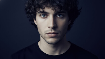 Close-up studio portrait of a handsome young man with dark curly hair. Attractive male model with intense blue eyes looking directly at the camera on a dark background